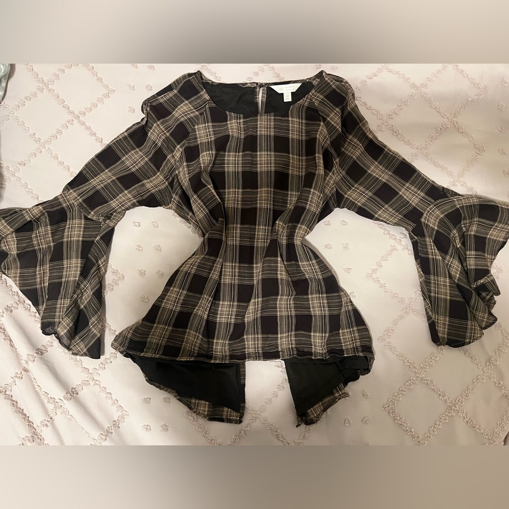 Lauren Conrad Plaid Top with Bell Sleeves